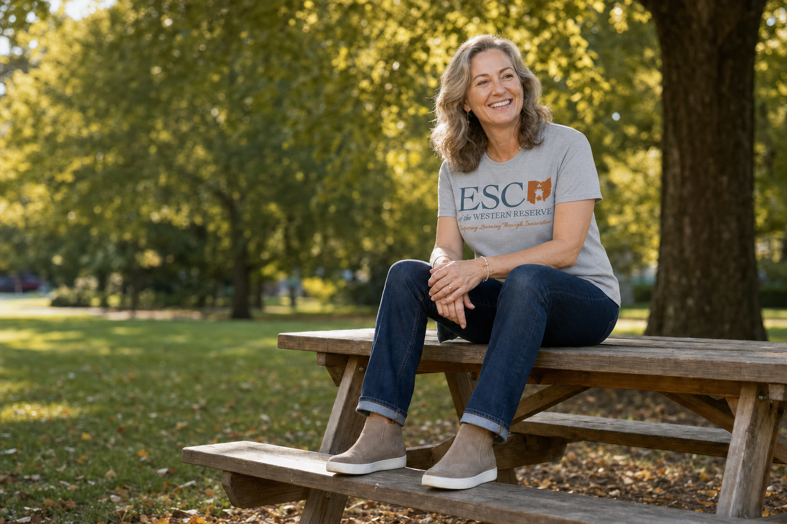 An ESC of the Western Reserve teacher smiling on a picnic table on a warm fall day
